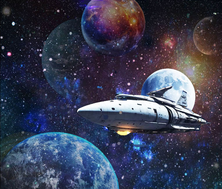 una astronave in volo nello spazio verso la terra